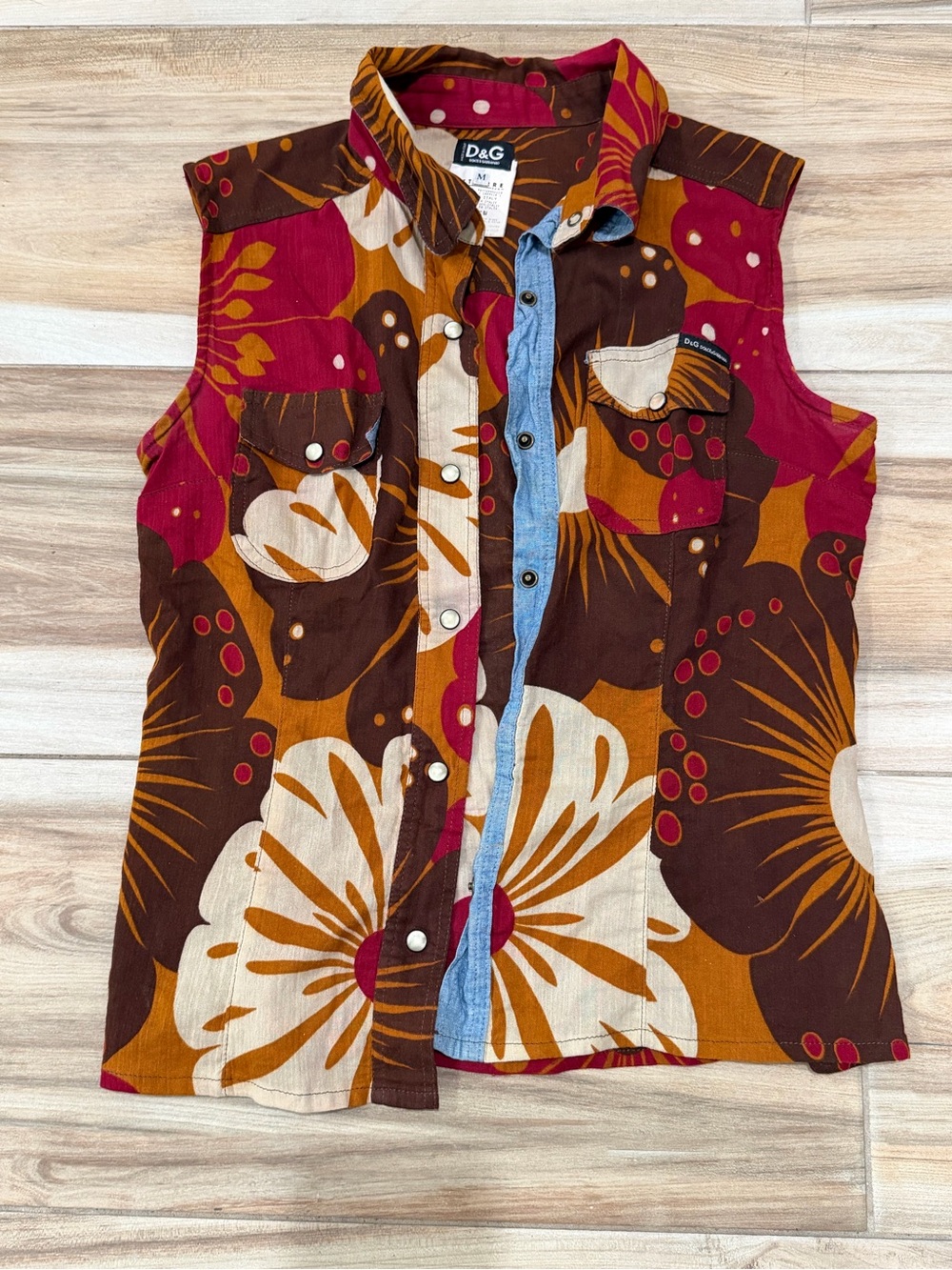 Dolce & Gabbana Brown and Cream Floral Blouse with Magenta Trim